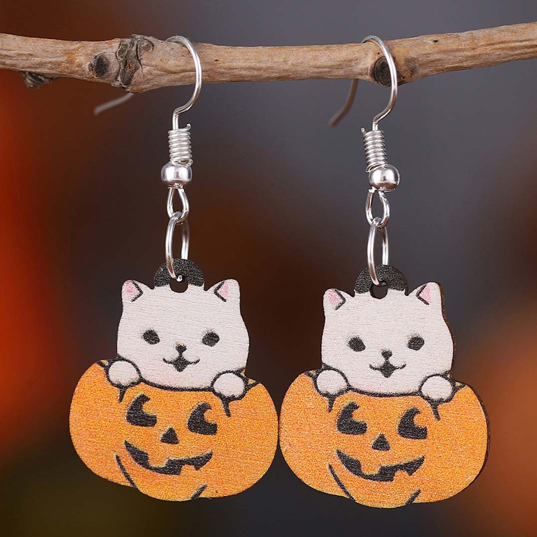 Orange jewelry,Halloween Pumpkin Orange Wood Detail Earrings