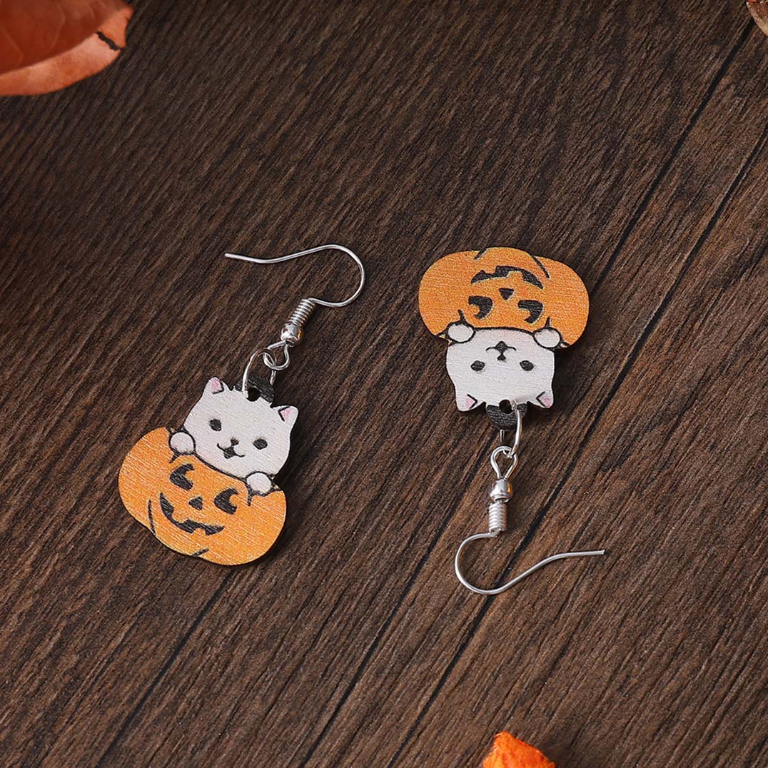 Orange jewelry,Halloween Pumpkin Orange Wood Detail Earrings