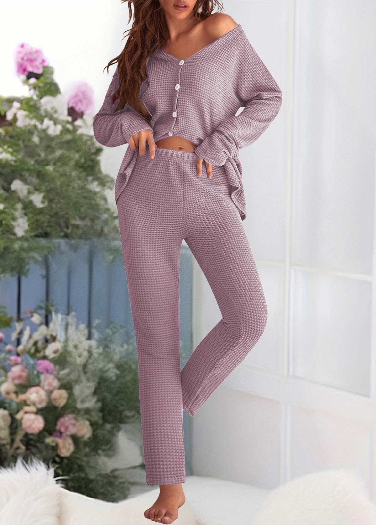 Purple loungewear,Plain Color loungewear,Purple V Neck Long Sleeve Lounge Top and Pants