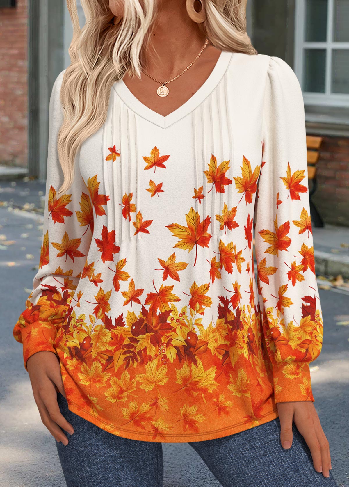 Orange tops,Plants tops,ROTITA Tuck Stitch Leaf Print Orange V Neck T Shirt
