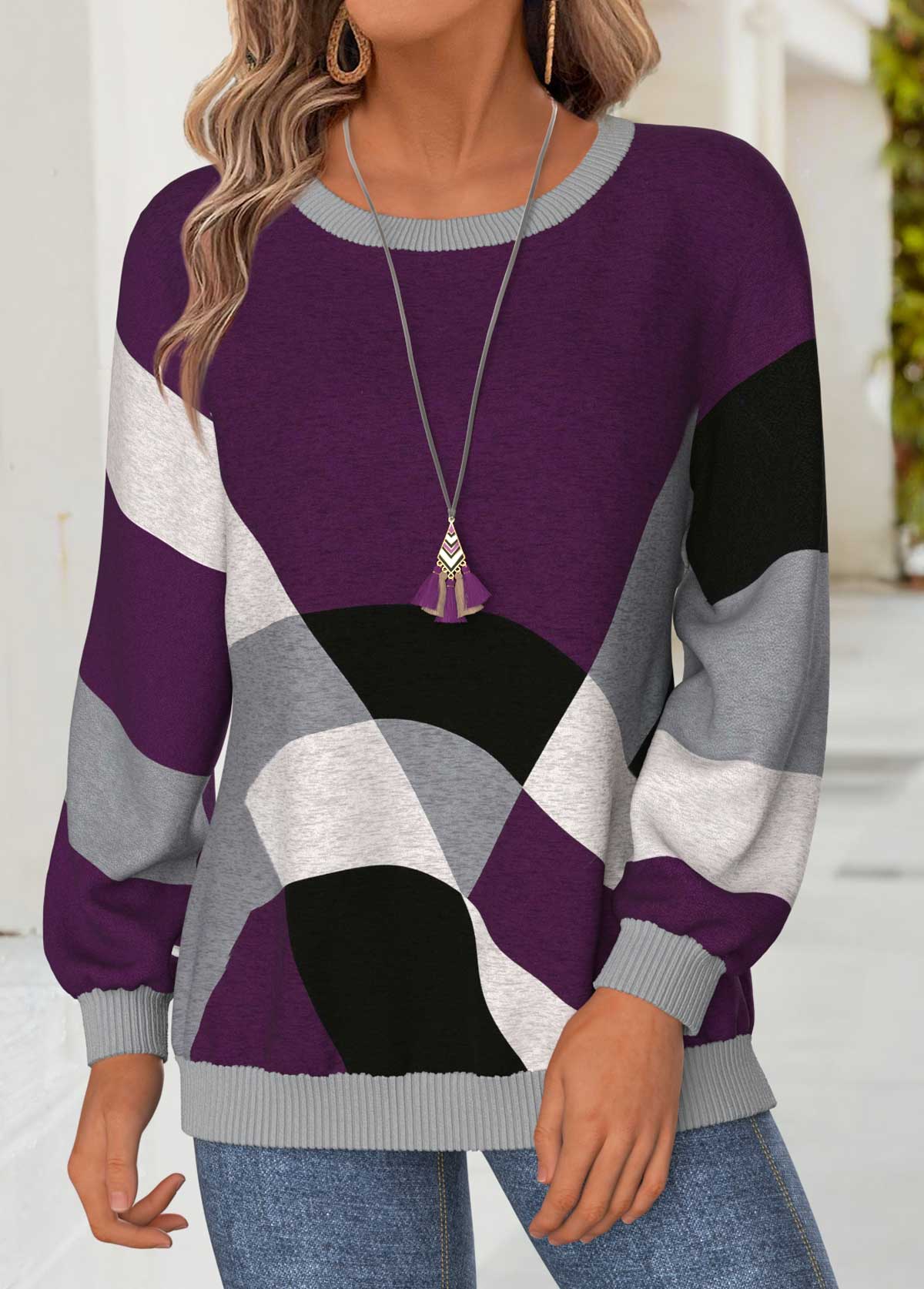Purple tops,Geometric tops,ROTITA Tummy Coverage Geometric Print Purple Round Neck Sweatshirt