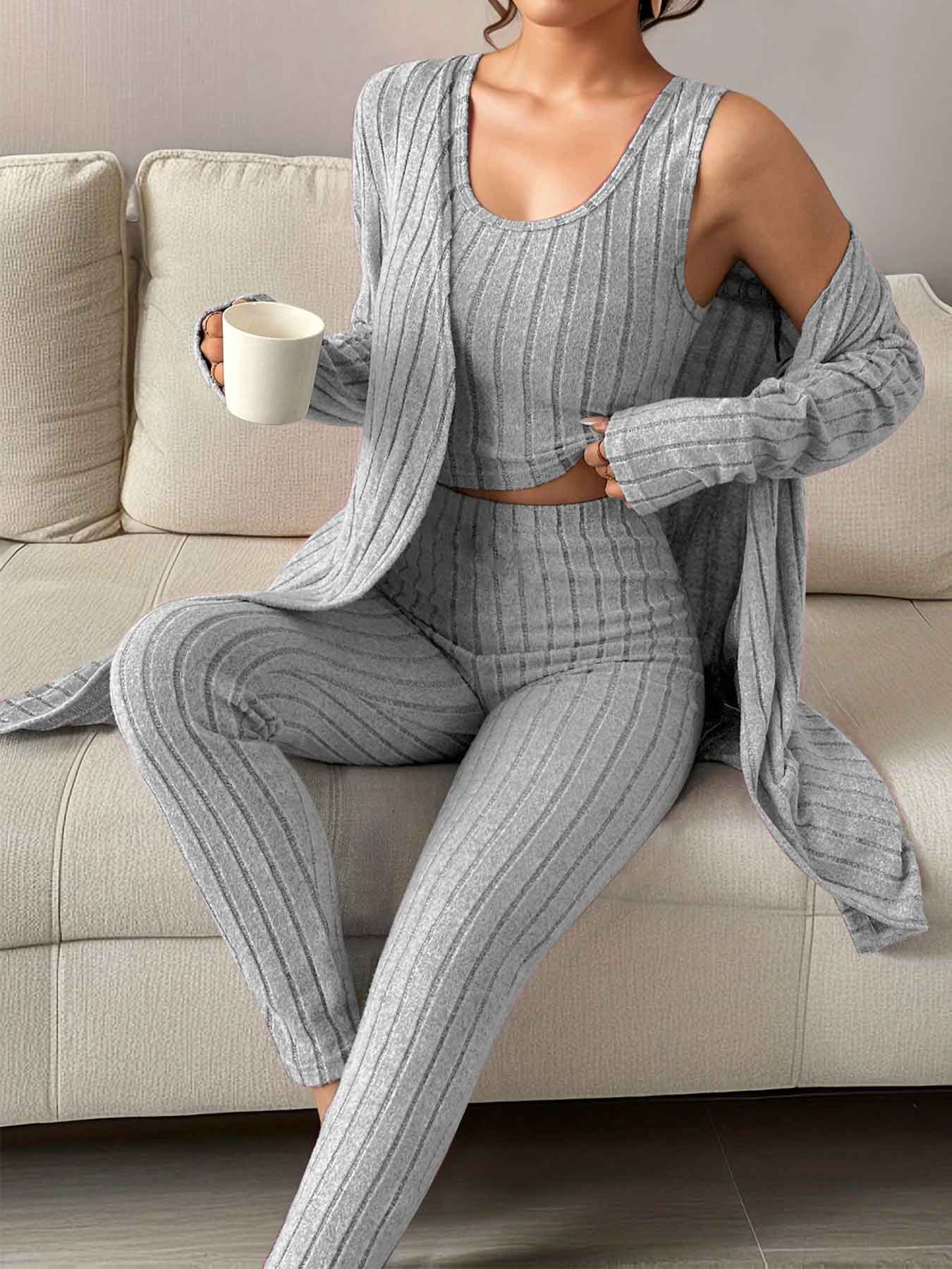 Grey loungewear,Plain Color loungewear,Grey V Neck Lounge Top and Pants and Cardigan