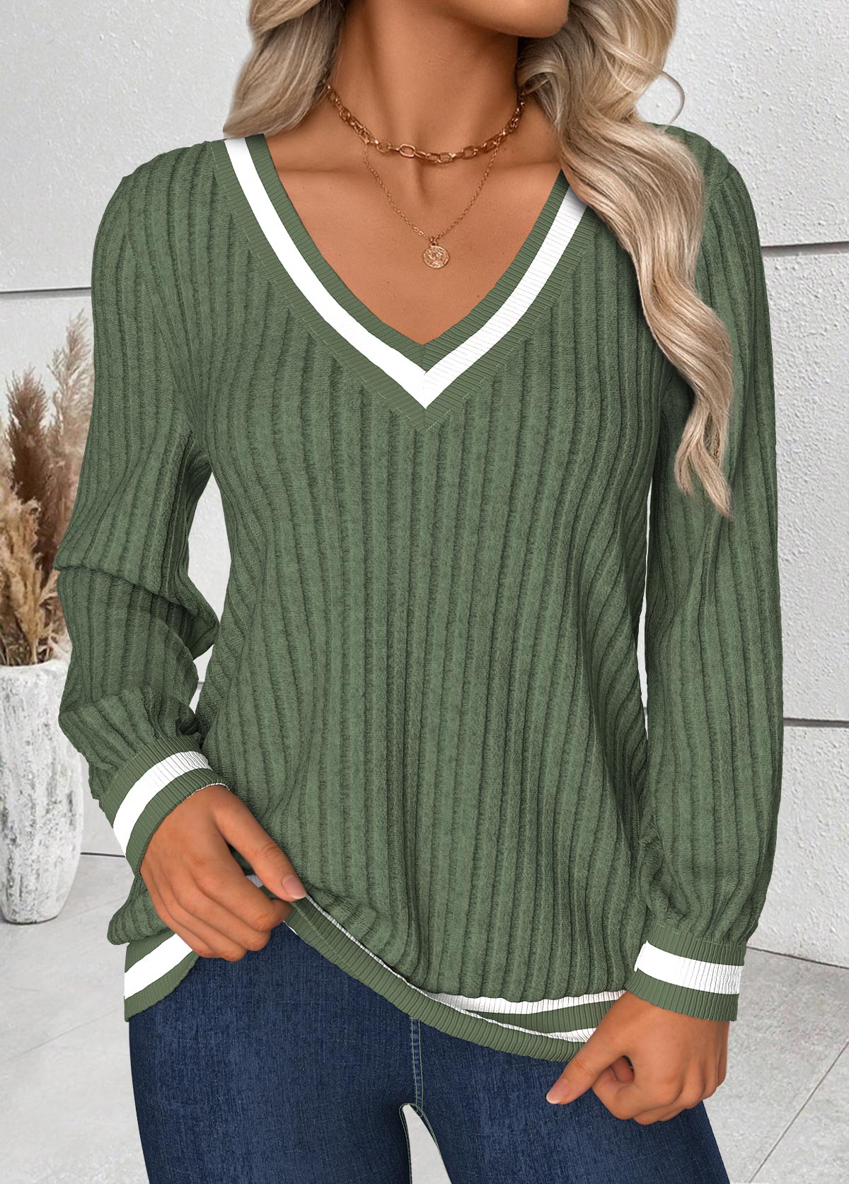 Sage Green tops,Striped tops,Geometric tops,ROTITA Tummy Coverage Striped Sage Green V Neck T Shirt