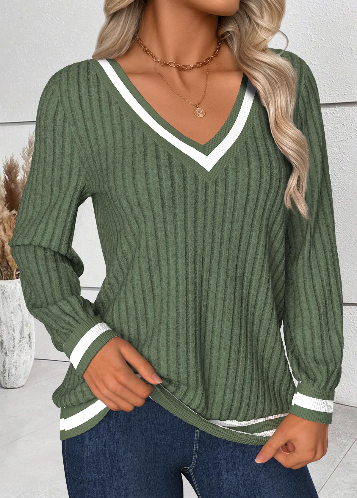 Sage Green tops,Striped tops,Geometric tops,ROTITA Tummy Coverage Striped Sage Green V Neck T Shirt