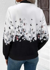 White tops,Floral tops,Plants tops,ROTITA Zipper Floral Print White Stand Collar Long Sleeve Jacket