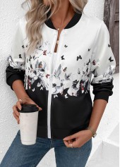 White tops,Floral tops,Plants tops,ROTITA Zipper Floral Print White Stand Collar Long Sleeve Jacket