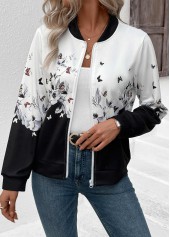 White tops,Floral tops,Plants tops,ROTITA Zipper Floral Print White Stand Collar Long Sleeve Jacket