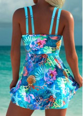 Cyan swimwear,Animal Print swimwear,ROTITA Surplice Cyan Marine Life Print Mid Waisted Tankini Set