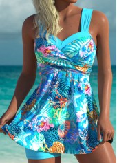 Cyan swimwear,Animal Print swimwear,ROTITA Surplice Cyan Marine Life Print Mid Waisted Tankini Set
