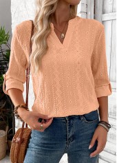 Orange tops,Plain Color tops,ROTITA Dusty Pink Split Neck 3/4 Sleeve Blouse