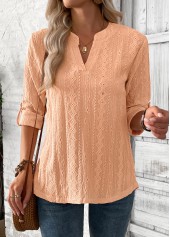 Orange tops,Plain Color tops,ROTITA Dusty Pink Split Neck 3/4 Sleeve Blouse