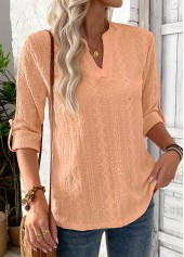 Orange tops,Plain Color tops,ROTITA Dusty Pink Split Neck 3/4 Sleeve Blouse