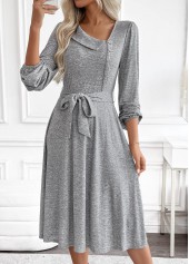 Light Grey Marl dresses,Plain Color dresses,Everyday dresses,Casual dresses,ROTITA Tummy Coverage Light Grey Marl Belted Asymmetrical Neck Dress
