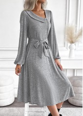 Light Grey Marl dresses,Plain Color dresses,Everyday dresses,Casual dresses,ROTITA Tummy Coverage Light Grey Marl Belted Asymmetrical Neck Dress