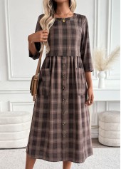 Dark Coffee dresses,Plaid dresses,Geometric dresses,Everyday dresses,Casual dresses,ROTITA Tummy Coverage Plaid Dark Coffee Round Neck Dress
