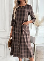 Dark Coffee dresses,Plaid dresses,Geometric dresses,Everyday dresses,Casual dresses,ROTITA Tummy Coverage Plaid Dark Coffee Round Neck Dress