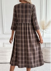 Dark Coffee dresses,Plaid dresses,Geometric dresses,Everyday dresses,Casual dresses,ROTITA Tummy Coverage Plaid Dark Coffee Round Neck Dress