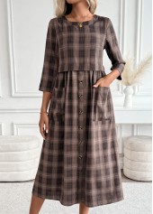 Dark Coffee dresses,Plaid dresses,Geometric dresses,Everyday dresses,Casual dresses,ROTITA Tummy Coverage Plaid Dark Coffee Round Neck Dress