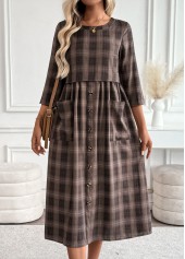 Dark Coffee dresses,Plaid dresses,Geometric dresses,Everyday dresses,Casual dresses,ROTITA Tummy Coverage Plaid Dark Coffee Round Neck Dress
