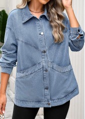 Denim Blue tops,Plain Color tops,Tummy Coverage Denim Blue Turn Down Collar Coat