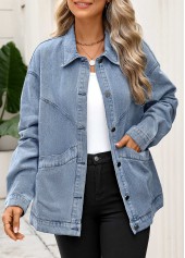 Denim Blue tops,Plain Color tops,Tummy Coverage Denim Blue Turn Down Collar Coat
