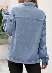 Denim Blue tops,Plain Color tops,Tummy Coverage Denim Blue Turn Down Collar Coat