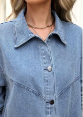 Denim Blue tops,Plain Color tops,Tummy Coverage Denim Blue Turn Down Collar Coat