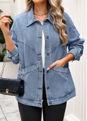 Tummy Coverage Denim Blue Turn Down Collar Coat
