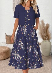Marineblaues Kleid und Cardigan mit Rundhalsausschnitt und Blumendruck von Rotita