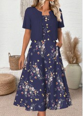 Navy dresses,Floral dresses,Plants dresses,Everyday dresses,Casual dresses,ROTITA Floral Print Navy Round Neck Dress and Cardigan