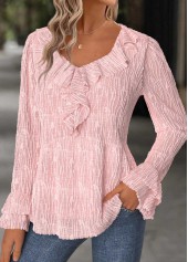 Light Pink tops,Plain Color tops,ROTITA Light Pink Heart Collar Long Sleeve Blouse