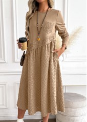 Dark Camel dresses,Plain Color dresses,Everyday dresses,Casual dresses,ROTITA Tummy Coverage Dark Camel Round Neck Long Sleeve Dress
