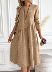 Dark Camel dresses,Plain Color dresses,Everyday dresses,Casual dresses,ROTITA Tummy Coverage Dark Camel Round Neck Long Sleeve Dress