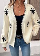 Beige tops,Geometric tops,Geometric Print Beige Long Sleeve Cardigan