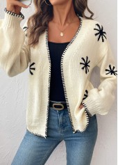 Beige tops,Geometric tops,Geometric Print Beige Long Sleeve Cardigan