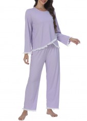 Purple loungewear,Plain Color loungewear,Purple Round Neck Long Sleeve Lounge Top and Pants