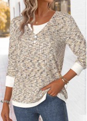 Light Camel tops,Plain Color tops,ROTITA Light Camel V Neck Long Sleeve T Shirt