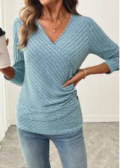 Dusty Blue tops,Plain Color tops,ROTITA Surplice Dusty Blue V Neck Long Sleeve T Shirt