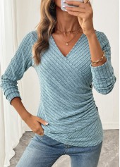 Dusty Blue tops,Plain Color tops,ROTITA Surplice Dusty Blue V Neck Long Sleeve T Shirt