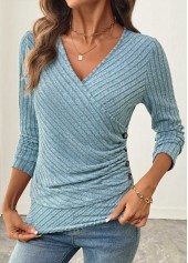Dusty Blue tops,Plain Color tops,ROTITA Surplice Dusty Blue V Neck Long Sleeve T Shirt