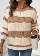 Beige tops,Contrast Color tops,Beige Round Neck Long Sleeve Sweater