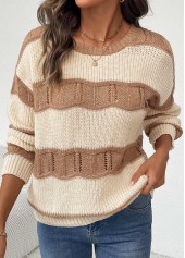 Beige tops,Contrast Color tops,Beige Round Neck Long Sleeve Sweater