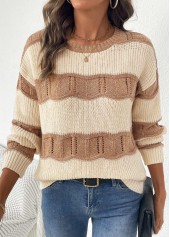 Beige tops,Contrast Color tops,Beige Round Neck Long Sleeve Sweater