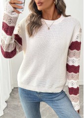 White tops,Contrast Color tops,White Round Neck Long Sleeve Sweater
