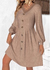 Light Coffee dresses,Plain Color dresses,Everyday dresses,Casual dresses,ROTITA Patchwork Light Coffee V Neck Long Sleeve Dress