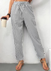 Black bottoms,Striped bottoms,Geometric bottoms,Pocket Striped Black Straight Leg Elastic Waist Pants