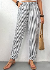 Black bottoms,Striped bottoms,Geometric bottoms,Pocket Striped Black Straight Leg Elastic Waist Pants