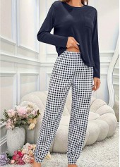 Navy loungewear,Plaid loungewear,Geometric loungewear,Plaid Navy Round Neck Lounge Top and Pants