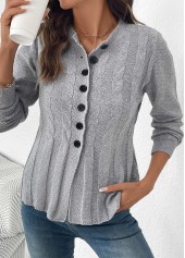 Grey tops,Plain Color tops,Tummy Coverage Grey Round Neck Long Sleeve Cardigan