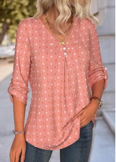 Dusty Pink tops,Plain Color tops,ROTITA Tummy Coverage Dusty Pink V Neck Long Sleeve Blouse